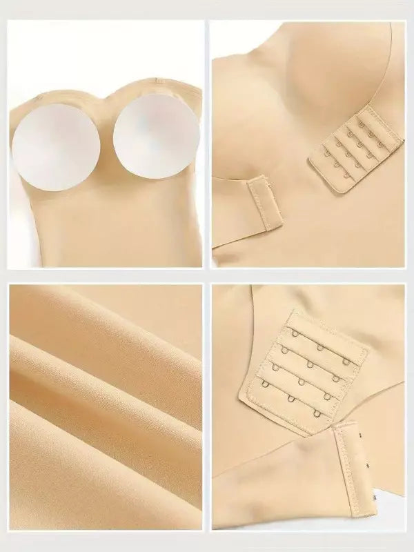 As imagens mostram vários detalhes de uma peça modeladora na cor bege, incluindo o painel frontal, as costuras laterais e a estrutura do aro.