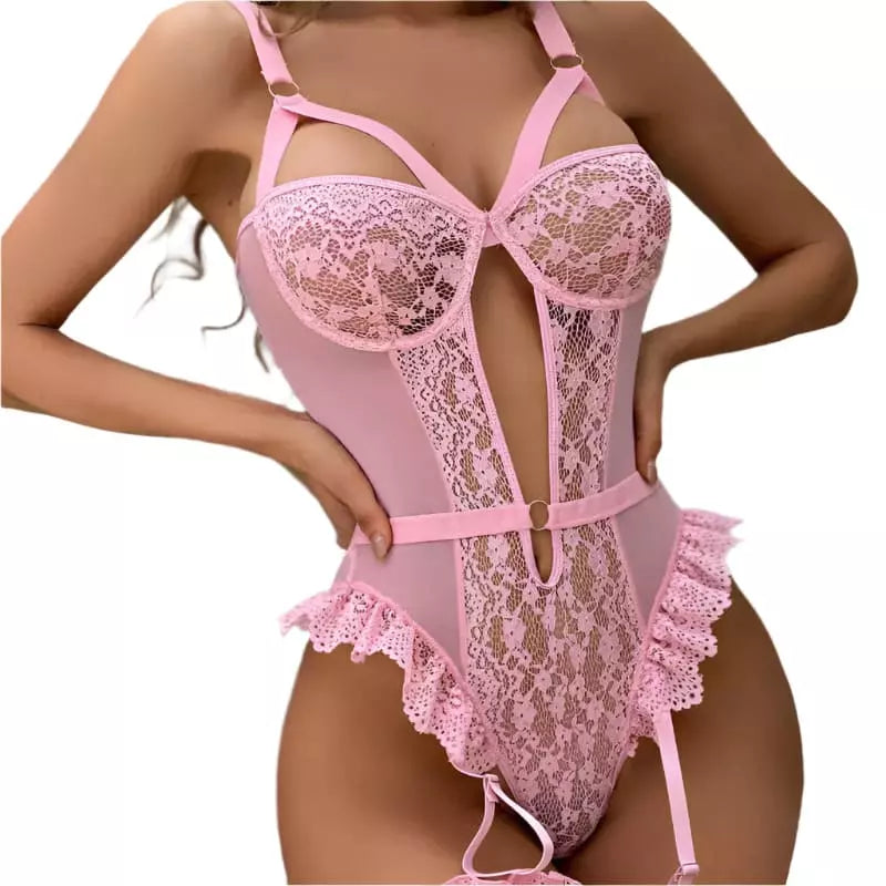 Lingerie rosa rendada com corpete estruturado e detalhes em renda floral feminina