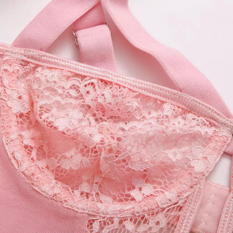 Sutiã rosa com renda floral delicada e acabamento em cetim feminina