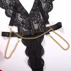 Body preto com renda floral e correntes douradas - lingerie feminina sensual