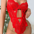 Lingerie vermelha com renda e correntes douradas - conjunto íntimo sensual feminino