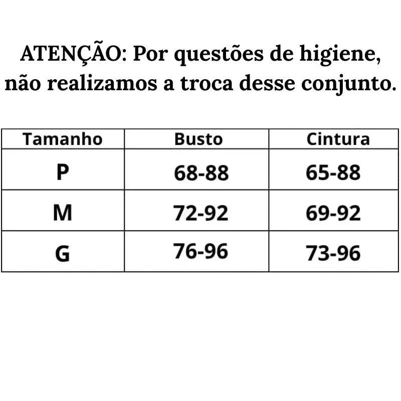 Tabela de medidas body sensual rendado desiré do P ao GG