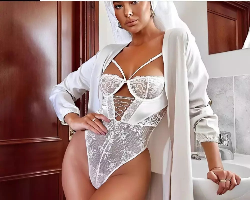 Body lingerie preto renda transparente com laços nos ombros - roupa íntima sensual