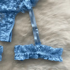 Sutiã azul bebê com renda floral e babados, alças ajustáveis feminino