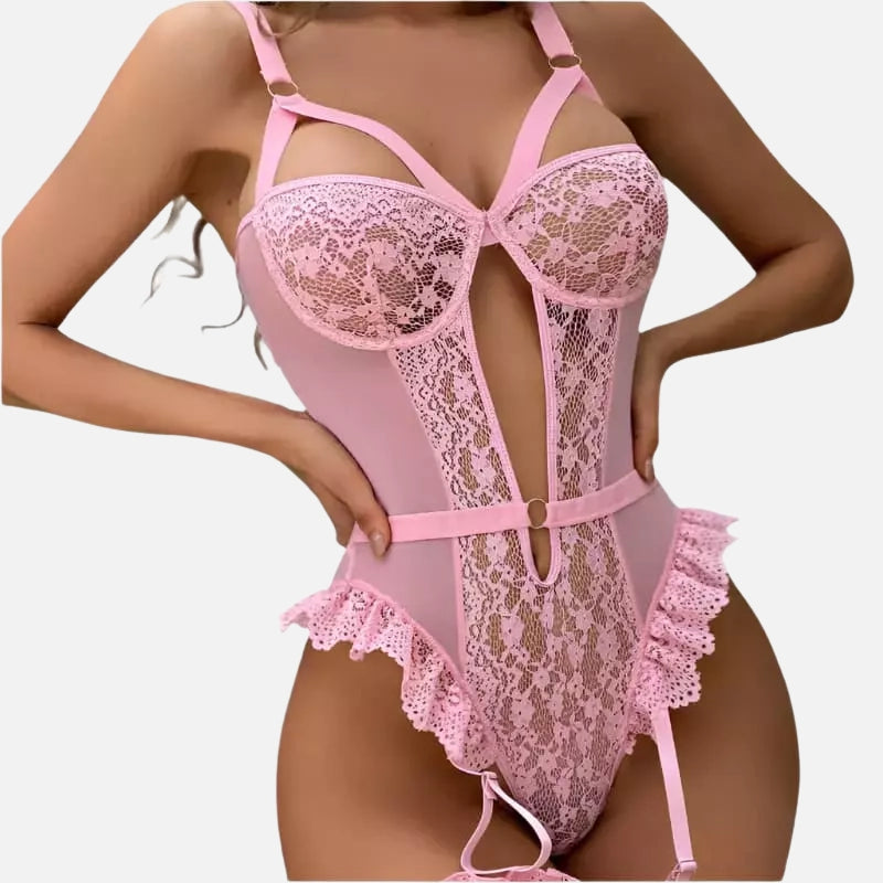 Lingerie rosa rendada com corpete estruturado e detalhes em renda floral feminina