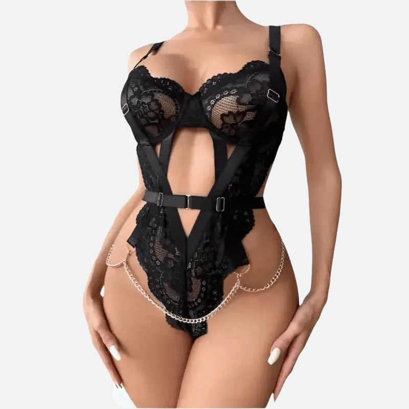 Lingerie preta sensual com renda e correntes , conjunto íntimo feminino erótico