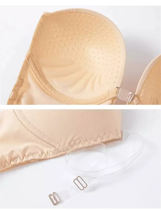 Detalhes de sutiã nude com bojo removível e alça transparente ajustável