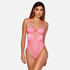Body rendado feminino rosa com recortes e alças ajustáveis 