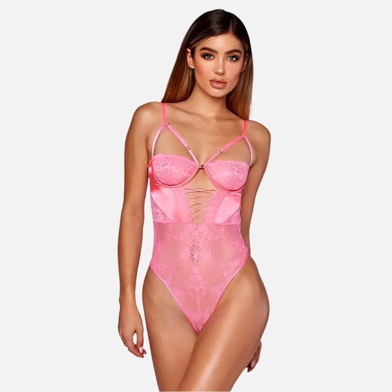 Body rendado feminino rosa com recortes e alças ajustáveis 