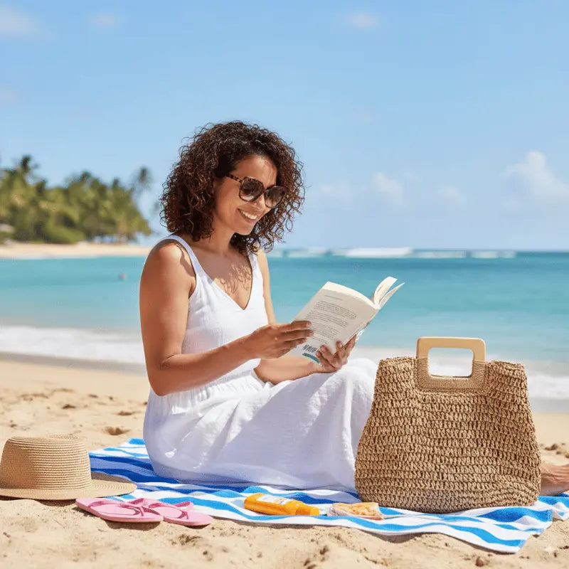 Mulher de vestido branco lendo na praia com bolsa de palha e chapéu - moda verão