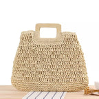 Bolsa de palha trançada com alças de madeira - bag artesanal estilo boho chic