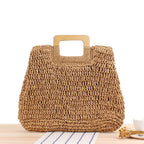 Bolsa palha natural trançada alças de madeira - bag artesanal sustentável verão