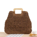 Bolsa palha marrom trançada com alças madeira - acessório natural praia e passeio