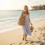 Vestido midi listrado azul e branco com bolsa de crochê e chapéu de palha na praia
