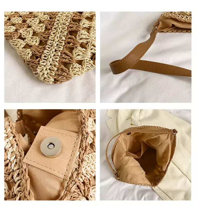 Detalhes bolsa de crochê bege: textura artesanal, alça couro e fecho magnético