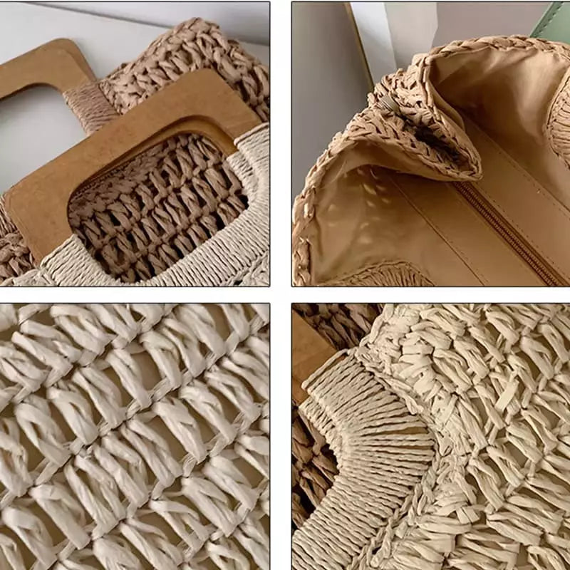 Detalhes bolsa palha trançada - alças madeira, forro interno, textura artesanal