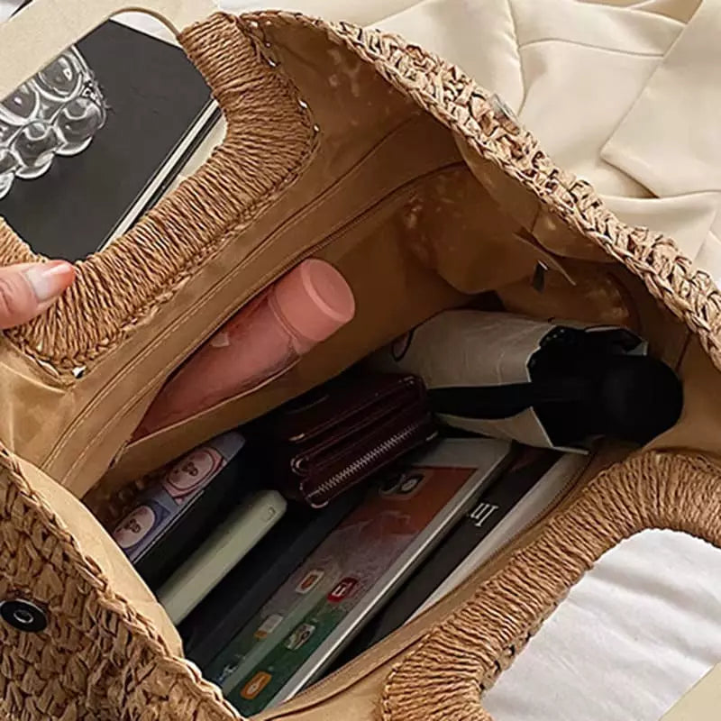 Bolsa palha com itens do dia a dia - capacidade ampla para praia e passeio