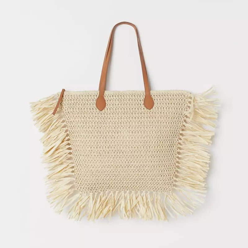 Bolsa palha bege com franjas e alça marrom - bolsa praia feminina artesanal