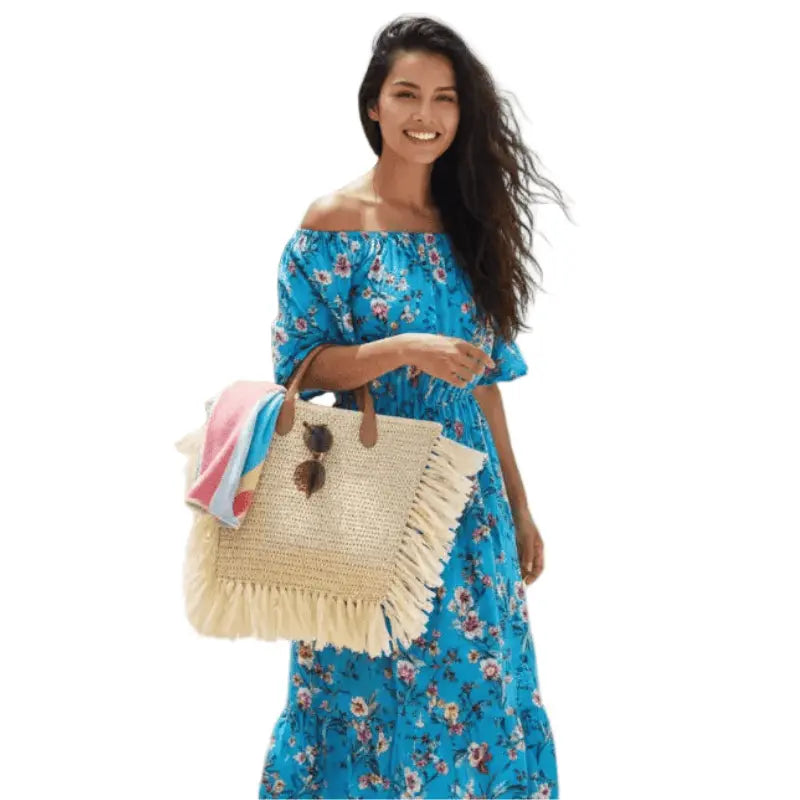 Vestido longo floral azul ciganinha com bolsa palha - moda feminina verão