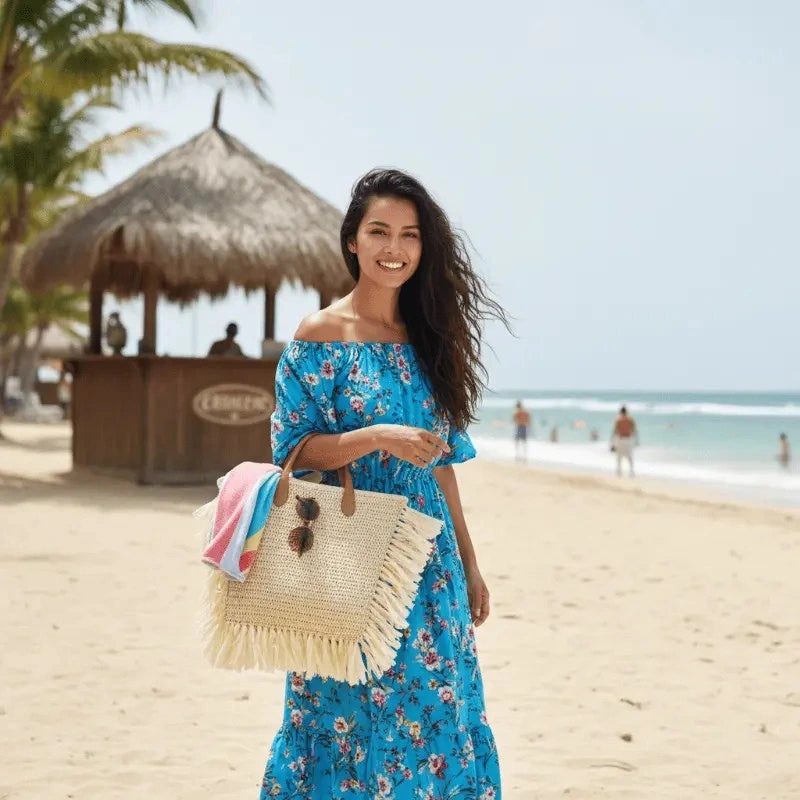 Vestido longo azul floral ombro a ombro com bolsa palha - look praia feminino verão