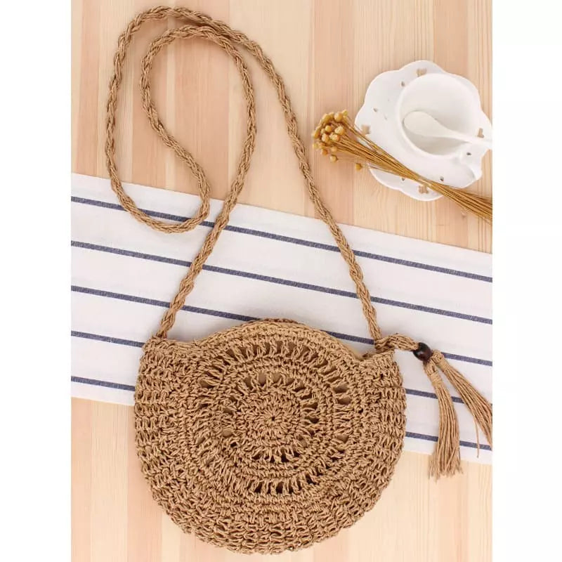 Bolsa de palha redonda com alça trançada e tassel - bolsa praia feminina verão