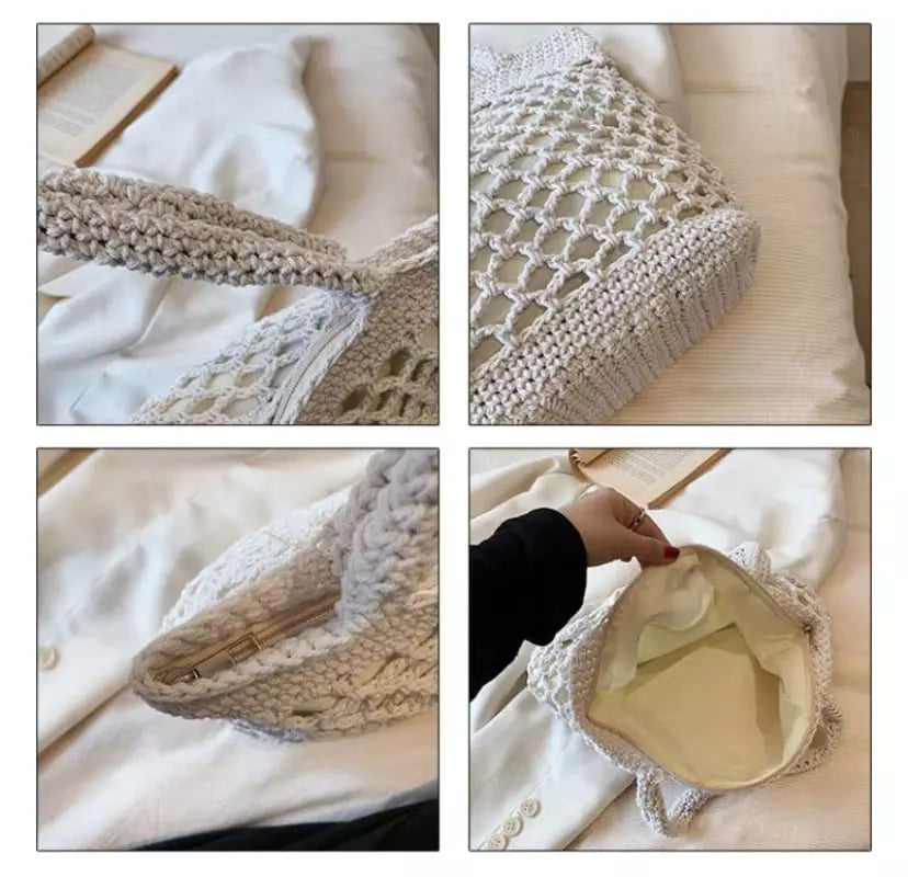 Detalhes de bolsa de crochê bege artesanal com forro interno e alças resistentes para praia