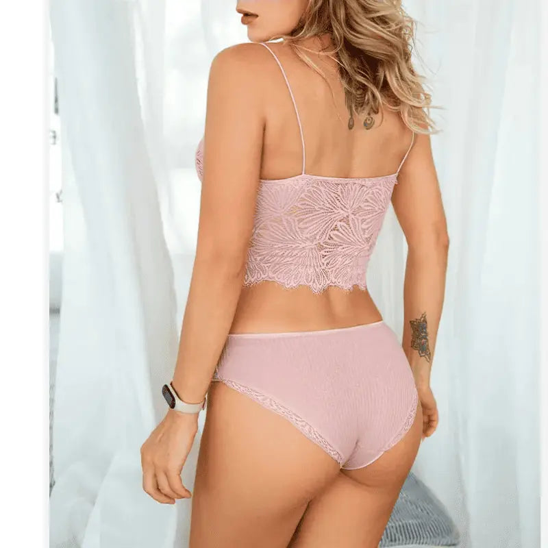 Conjunto lingerie rosa com renda nas costas sutiã e calcinha - moda íntima feminina