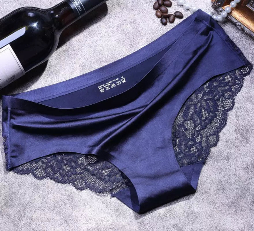 Calcinha azul com renda floral lateral confortável lingerie feminina sedosa