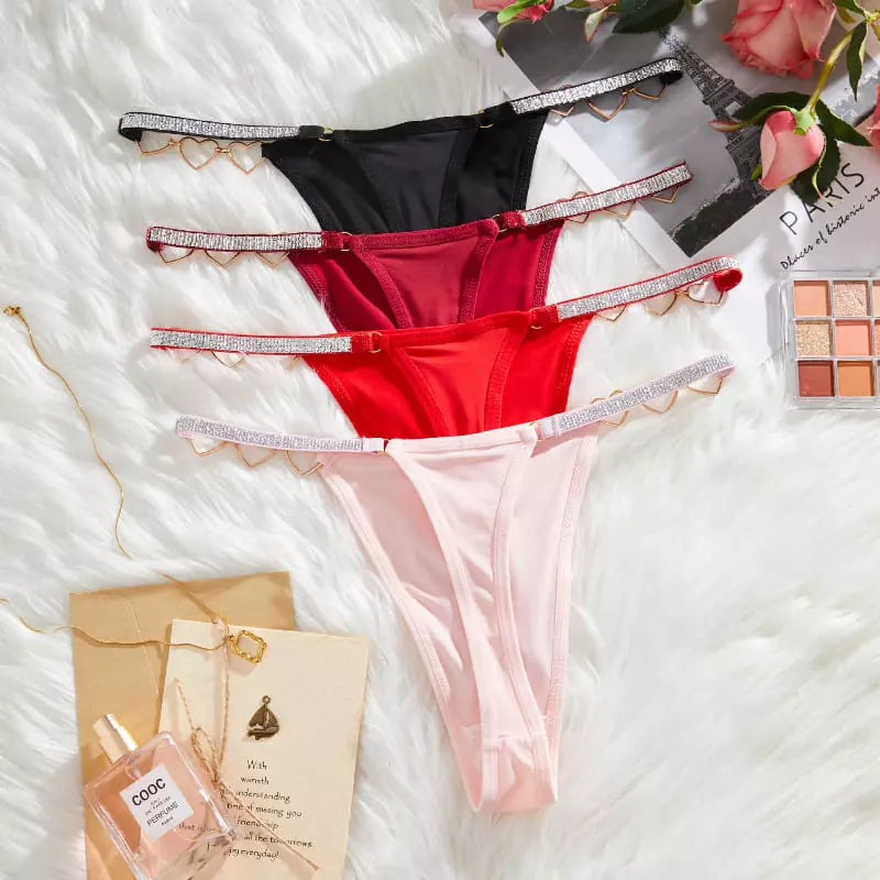 Kit 3 calcinhas fio dental femininas com strass - preta, vermelha e rosa