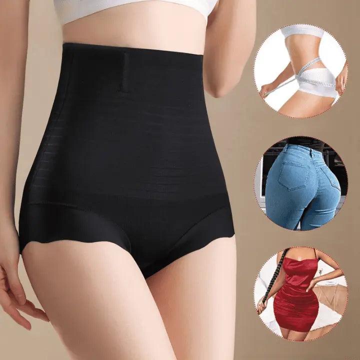 Calcinha modeladora preta de compressão para cintura alta, ideal para usar com vestidos e calças jeans