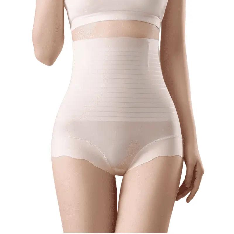 Calcinha modeladora nude de cintura alta com listras de compressão e acabamento sem costura para modelar barriga