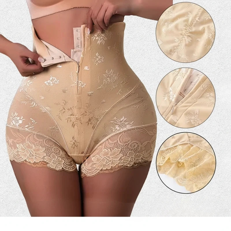 Calcinha modeladora cintura alta: detalhes do zíper, renda e tecido modelador