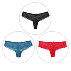Calcinha fio dental em renda nas cores preto, azul turquesa e vermelho. Modelo sensual com laço e acabamento floral.