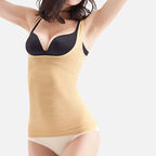 Camiseta modeladora feminina de alta compressão bege com alças ajustáveis e modelagem abdominal