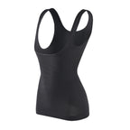 Camiseta modeladora feminina preta com alças reforçadas e modelagem corporal de alta compressão