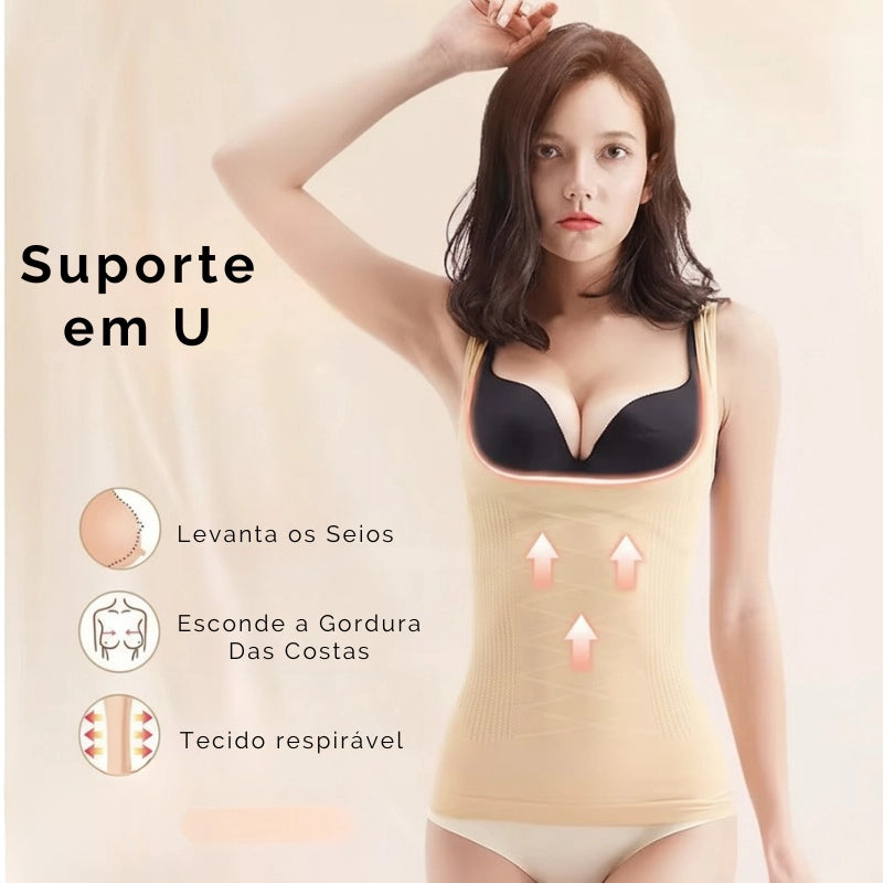 Camiseta modeladora com suporte em U que levanta seios e modela cintura com tecido respirável