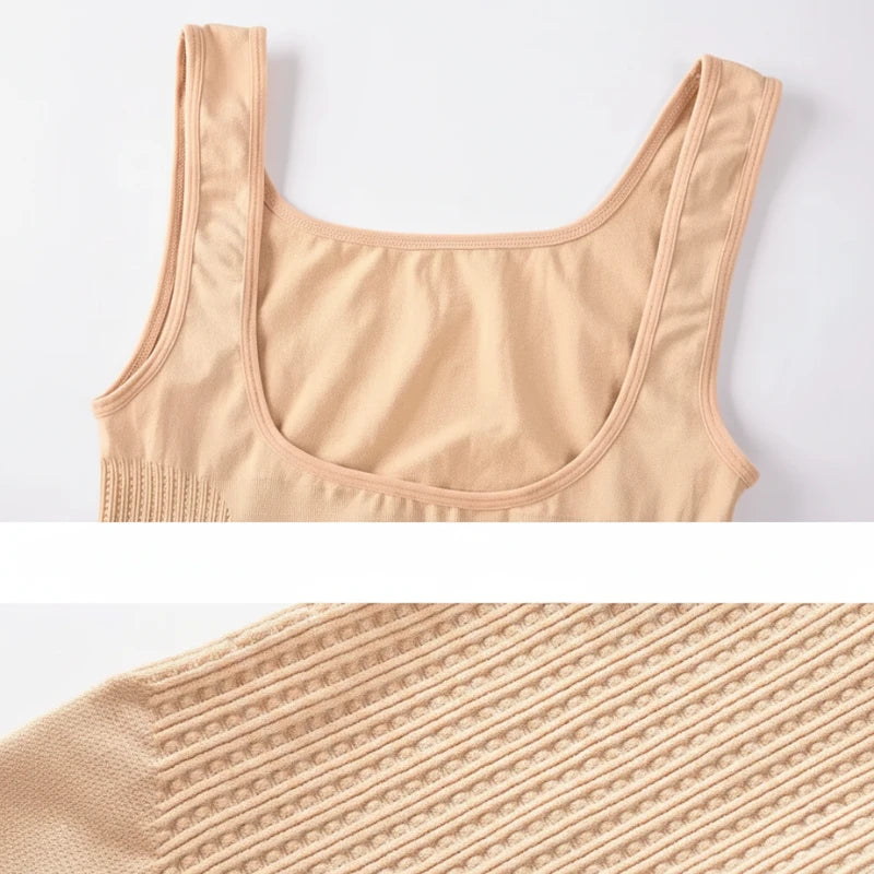 Detalhes do tecido da blusa modeladora feminina com costuras reforçadas e textura modeladora