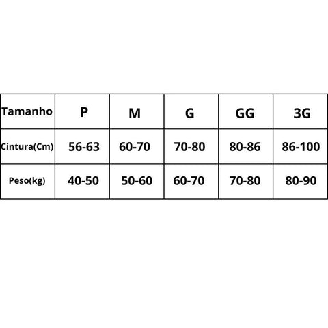 Tabela de medidas Camisa ShapeFit: tamanhos P ao 3G com cintura em cm e peso em kg