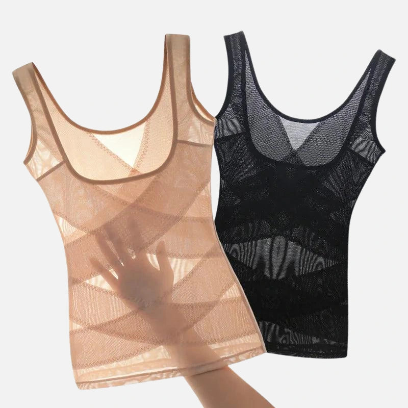 duas peças de roupa íntima feminina modeladoras, uma em tom nude e outra em preto. Ambas têm alças e um design de tecido com padrões entrecruzados para efeito de compressão e sustentação