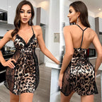 Camisola sexy animal print com renda preta costas abertas lingerie feminina sensual