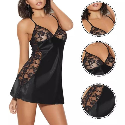 Camisola preta em cetim com detalhes em renda floral, apresentando recortes ampliados para visualização dos detalhes.