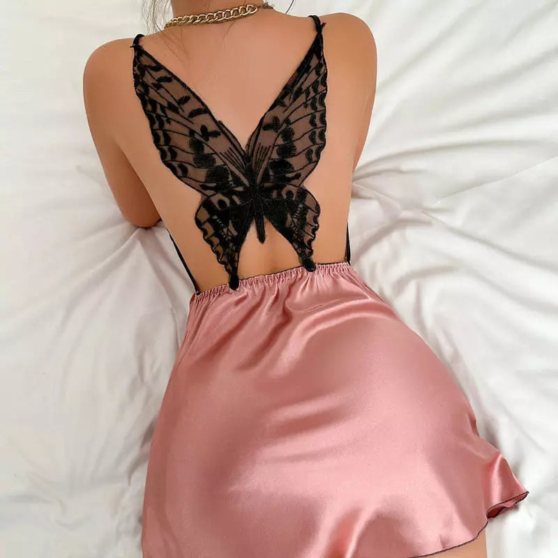 Camisola rosa cetim com recorte borboleta renda nas costas - roupa feminina sensual