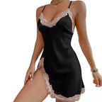 Vestido preto com renda rosa, alças finas, fenda lateral, estilo sensual feminino