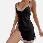 Vestido preto com renda rosa, alças finas, fenda lateral, estilo sensual feminino