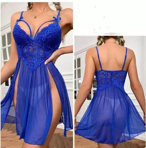 Camisola azul royal com renda, alças com laços, fendas laterais e tecido transparente, vista frontal e traseira.