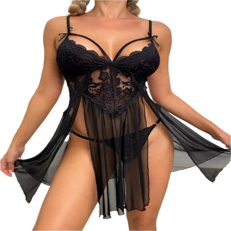 Camisola preta transparente com renda, alças finas e detalhe de laço, design sensual e elegante.