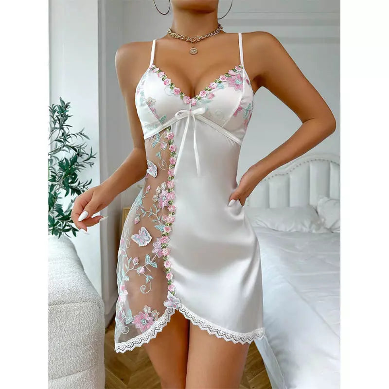 Camisola branca com renda floral e tule transparente - lingerie sensual feminina
