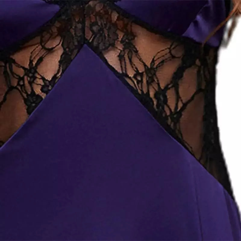 Camisola roxa com renda preta transparente, lingerie sensual feminina com detalhes elegantes