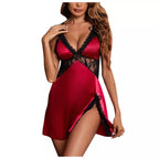 Camisola sensual vermelha com renda preta, lingerie feminina sexy para noite romântica