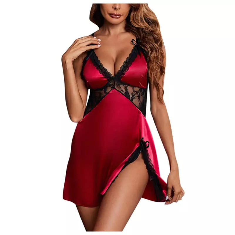 Camisola sensual vermelha com renda preta, lingerie feminina sexy para noite romântica